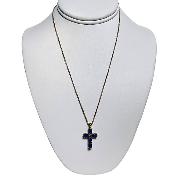 Avon Gold Tone Necklace With Blue & Clear Crystal Cross Pendant Signed NR (5730) - Picture 1 of 8